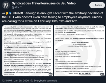 Ubisoft Requests 200 Voluntary Layoffs at Paris HQ, Labor Unions Call for Strike